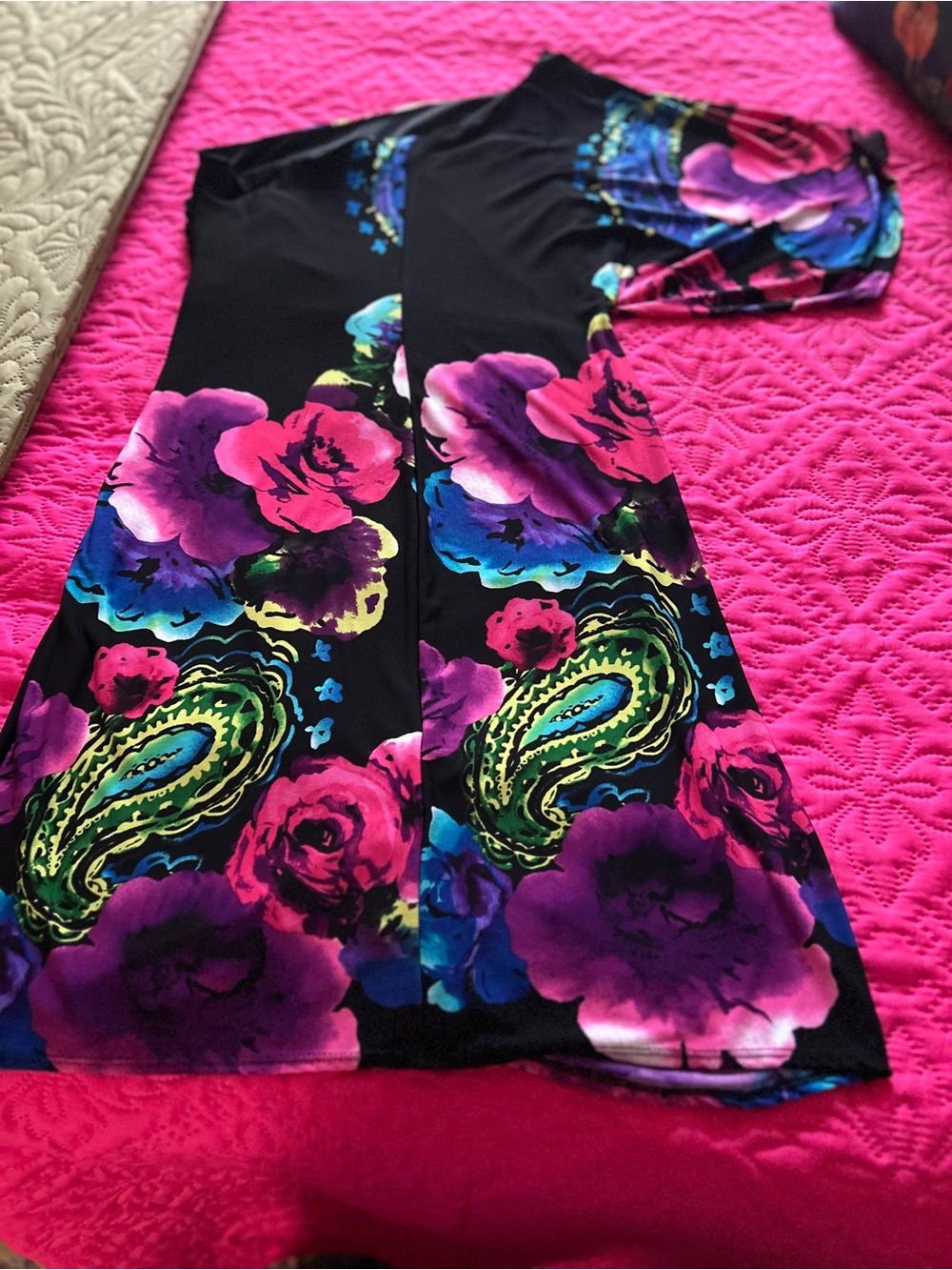 Bisou Bisou Black One-Shoulder Floral Dress with Pink, Purple and Blue Accents - Picture 4 of 5